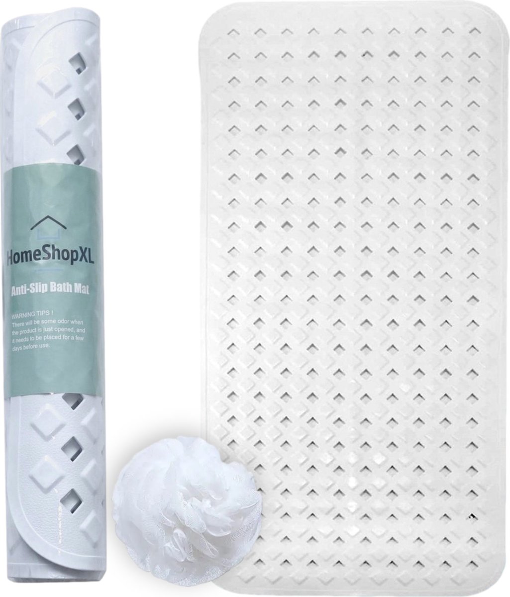 Afbeelding van HSXL - Antislipmat - 88x40CM - Incl. Netspons - Antislip Douchemat / Badmat Wit met Zuignappen – Mat voor