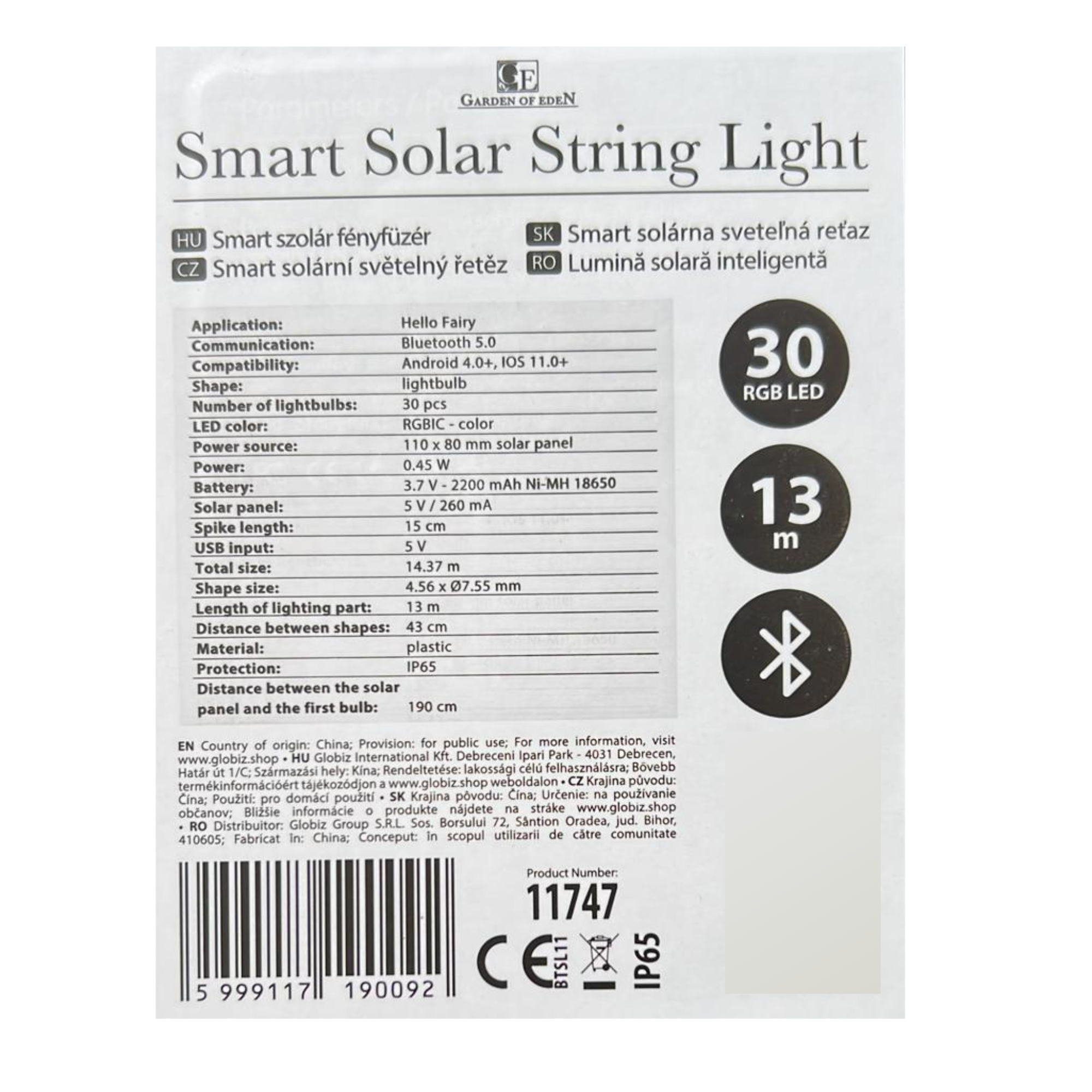 Afbeelding van Garden of Eden - Solar Lichtsnoer voor Binnen of Buiten op Zonne-Energie - Multicolour - 13m - met App en