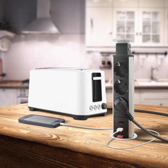 Afbeelding van DELIGHT - Inbouw Pop-Up Tafelblad Stekkerdoos met 2X USB en 3 Stopcontacten - Zilver - de43 d1db 44da b25b