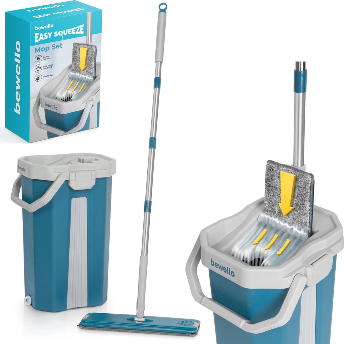 Afbeelding van Bewello® - Dweil met wringer - Dweilsysteem met emmer - Vloerwisser Blauw/Wit - 6 Liter - e0b5 b0d8 40a1