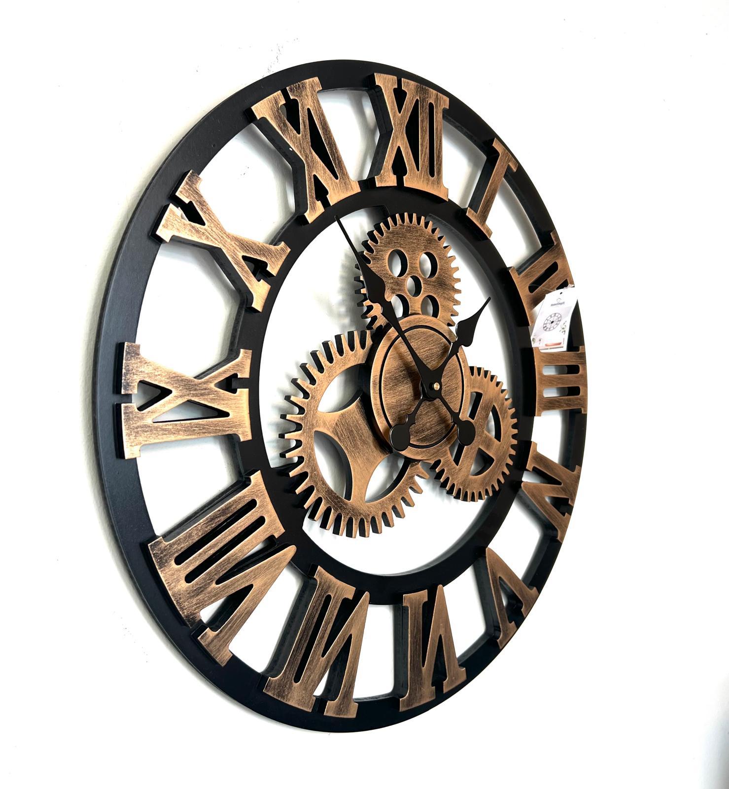 Afbeelding van HSXL - 60cm Grote Stille Wandklok Landelijk en Industrieel uit Zwart met Goud Hout - Groot - 60 cm - Houten