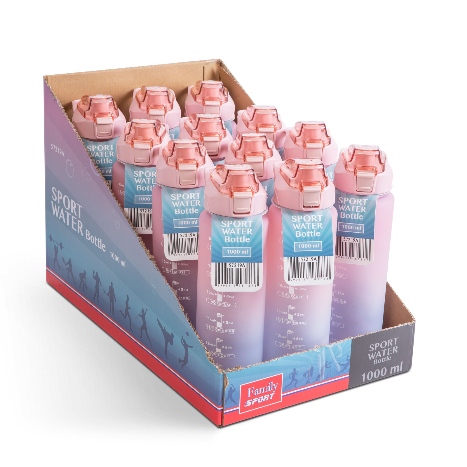 Afbeelding van Family Sport - Waterfles Roze/Blauw - 1 Liter Drinkfles - Waterfles met Rietje - Waterfles met tijdmarkering