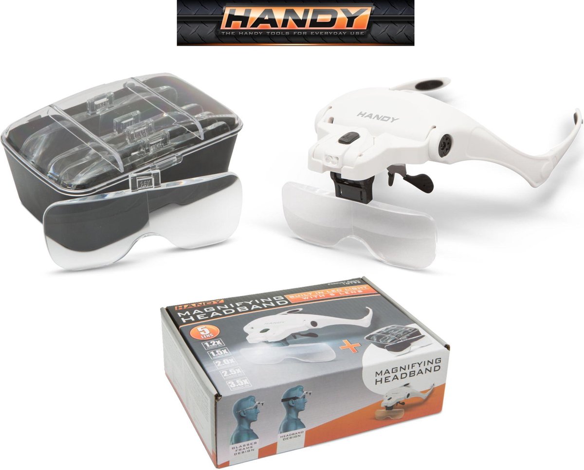 Afbeelding van Handy - Vergrootglas Bril - Loepbril met LED verlichting - met 5 lenzen - met Elastische band én Brilframe -