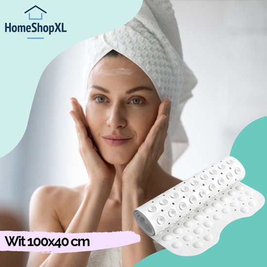 Afbeelding van HSXL - Antislipmat - 100x40CM - Incl. Netspons - Antislip Douchemat / Badmat Wit met Zuignappen – Mat voor