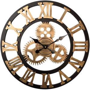 Afbeelding van HSXL - 60cm Grote Stille Wandklok Landelijk en Industrieel uit Zwart met Goud Hout - Groot - 60 cm - Houten