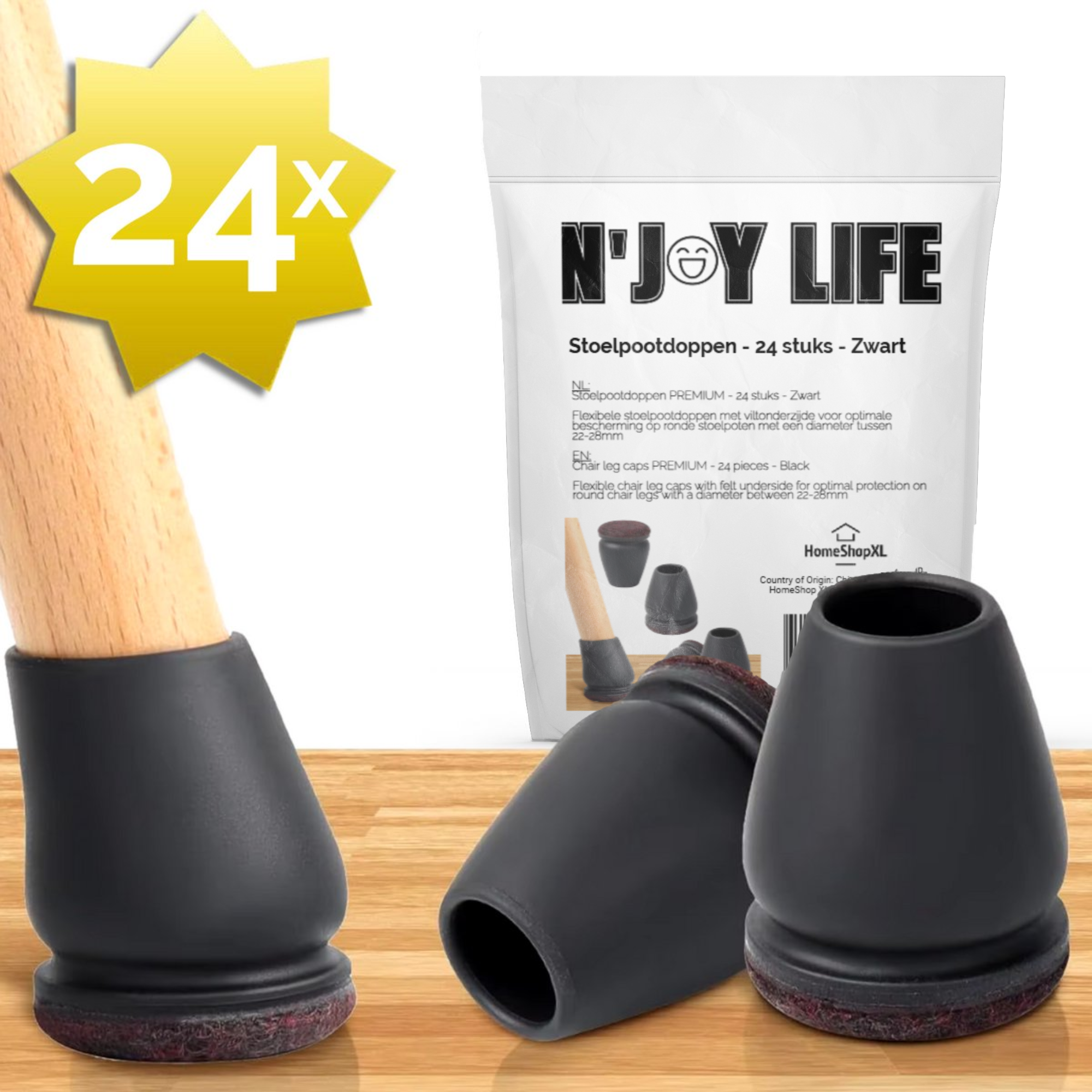 Afbeelding van N'JOY LIFE - 24x Premium Stoelpoot beschermers Flexibel - Stoelpootdoppen 22-28 mm voor Ronde Stoelpoten
