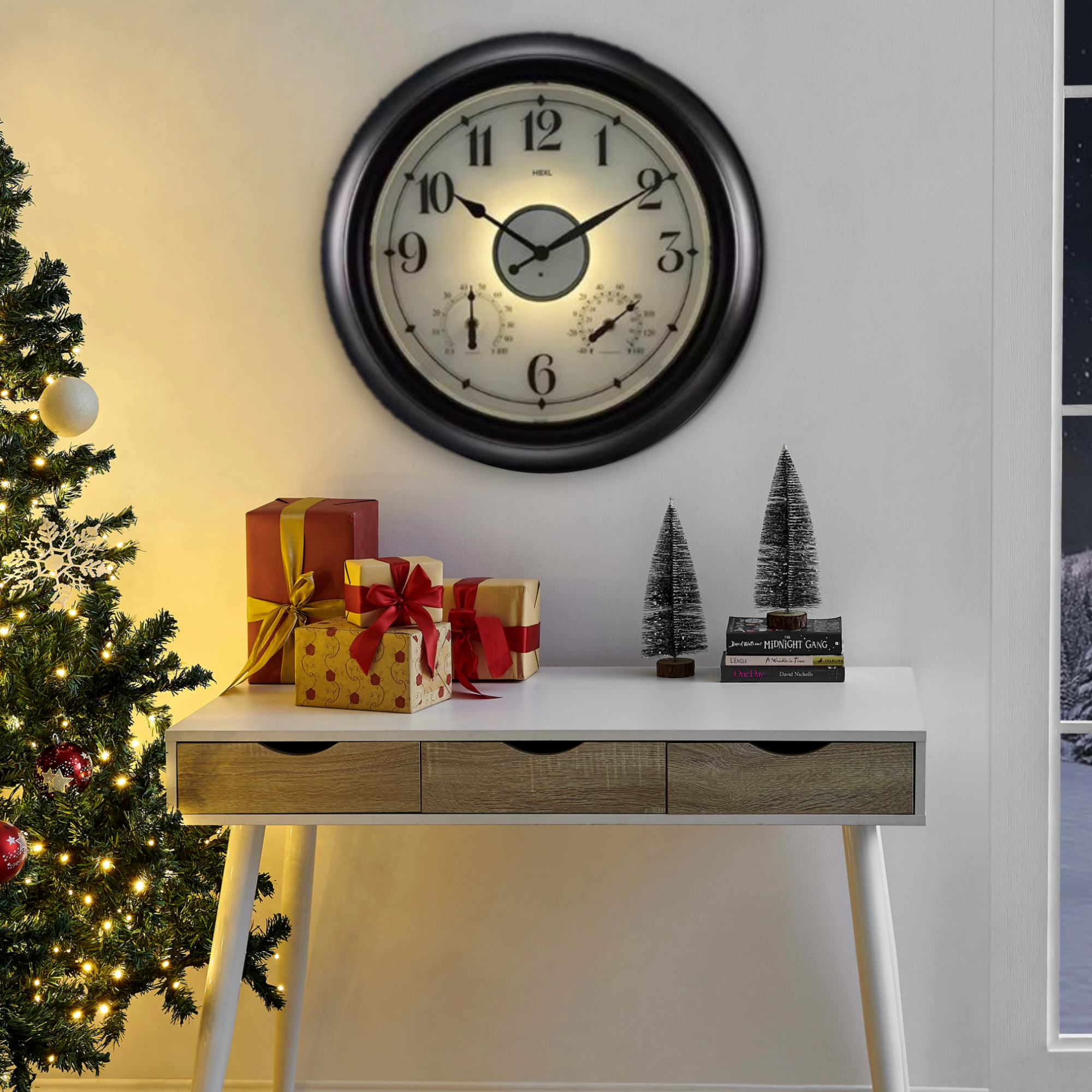 Afbeelding van HSXL - 45cm - Industriële Quartz LED Wandklok met verlichting - Stil uurwerk - 45 cm Landelijke Klassieke