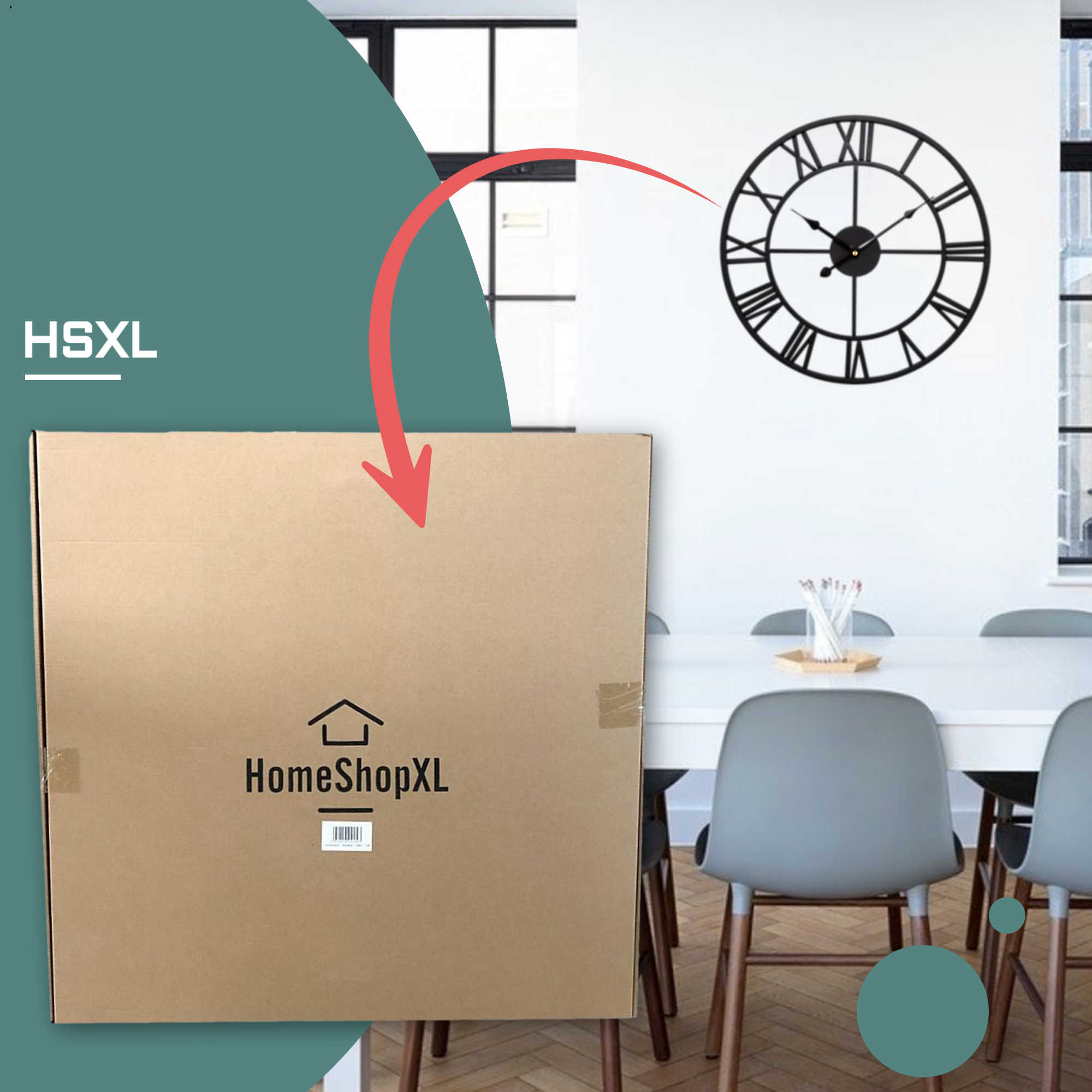 Afbeelding van HSXL - 60cm Grote Stille Wandklok Landelijk en Industrieel uit Zwart Metaal - Groot - 60 cm - Metalen