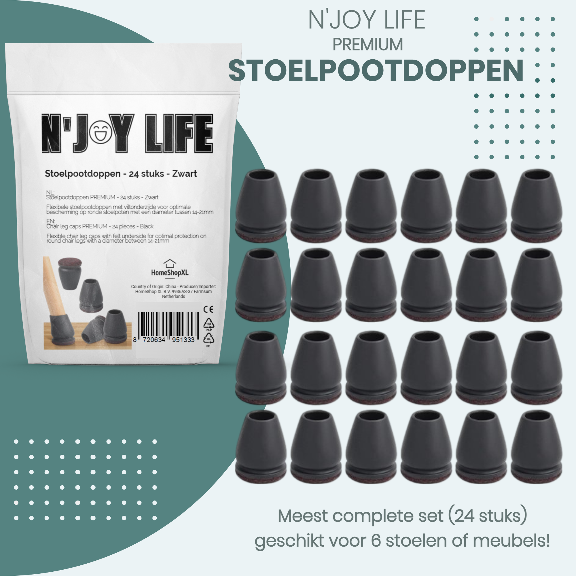 Afbeelding van N'JOY LIFE - 24x Premium Stoelpoot beschermers Flexibel - Stoelpootdoppen 22-28 mm voor Ronde Stoelpoten