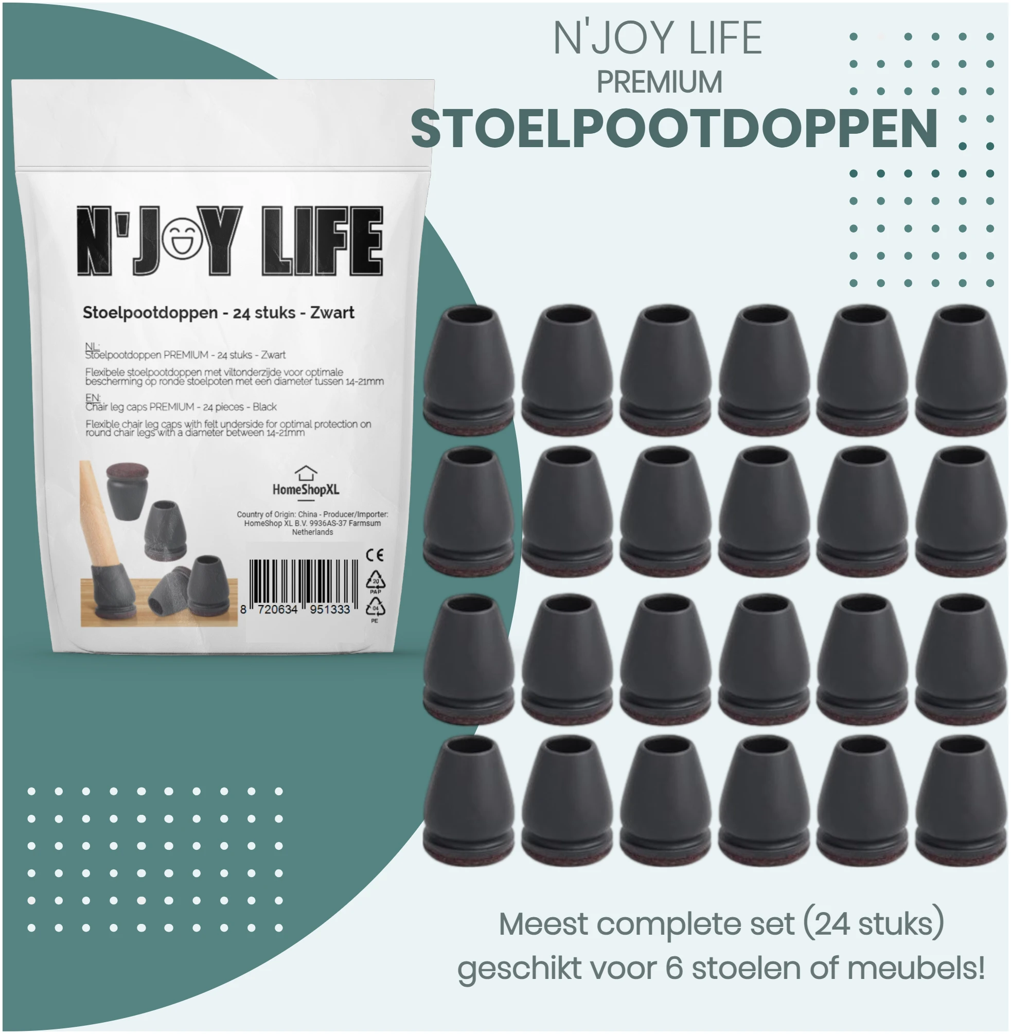 Afbeelding van N'JOY LIFE - 24x Premium Stoelpoot beschermers Flexibel - Stoelpootdoppen 22-28 mm voor Ronde Stoelpoten
