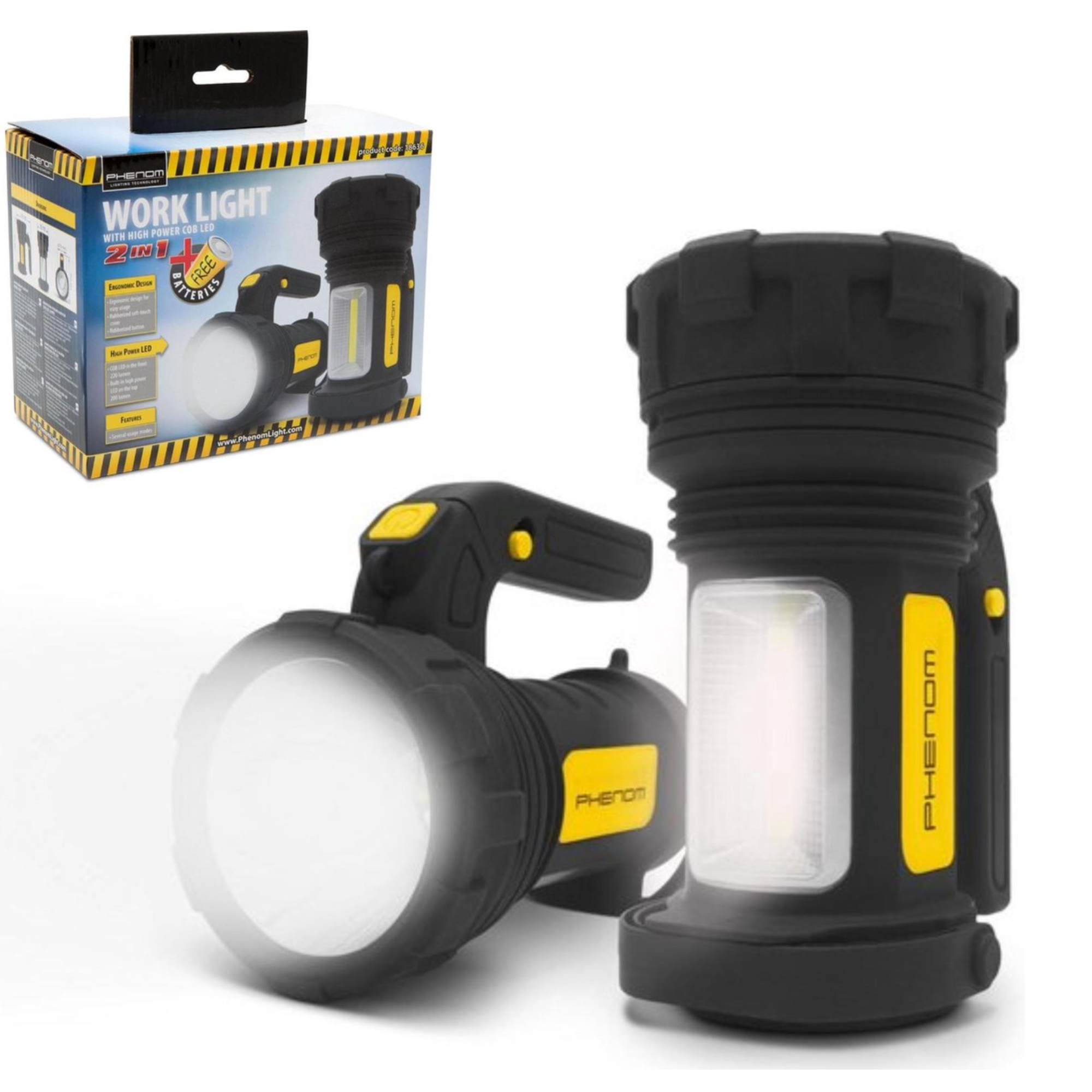 Afbeelding van PHENOM - Zaklamp Verstraler - Grote Zaklantaarn - Dubbele LED lampen - 2 in 1 Werkplaats Zaklamp - Inclusief