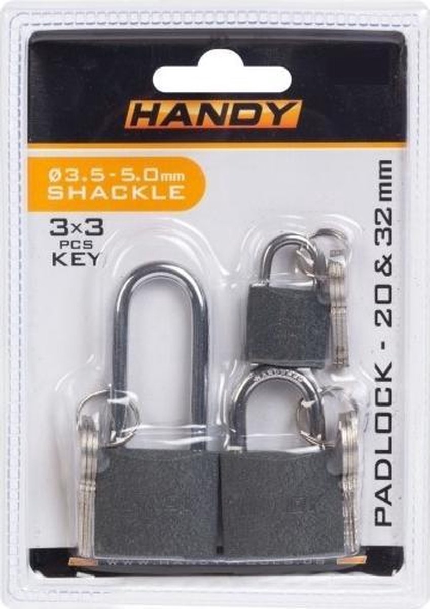 Afbeelding van Handy - Hangslot met Sleutel set van 3 - 20MM & 32MM & 32MM - Hangsloten - Gehard staal - incl. 3