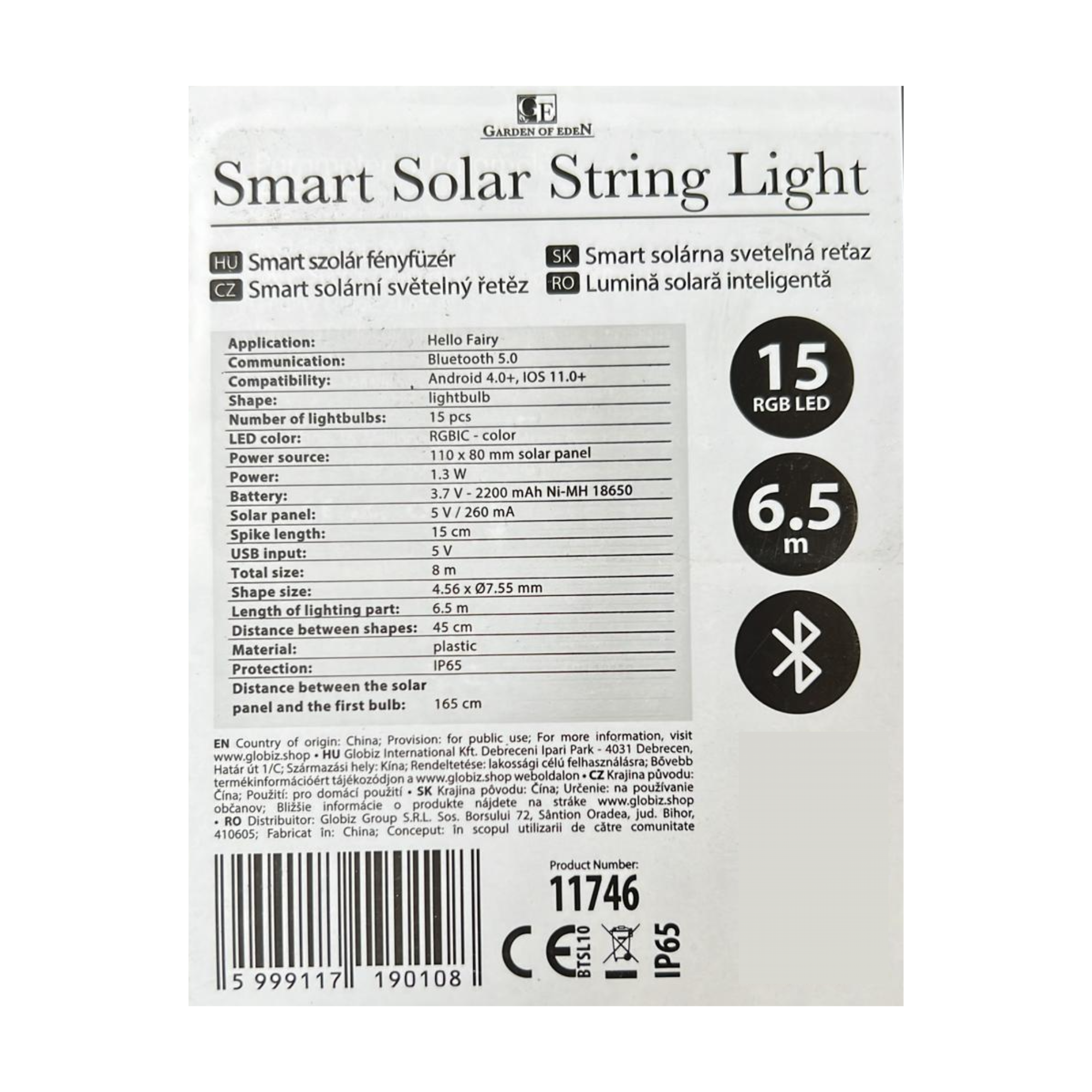 Afbeelding van Garden of Eden - Solar Lichtsnoer voor Binnen of Buiten op Zonne-Energie - Multicolour - 6.5m - met App en