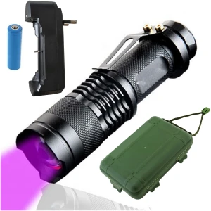 Afbeelding van UV Zaklamp met Oplader en Batterij en Opbergcase - IPX4 Waterdicht - 5W - ZOOM Functie - Geld Tester - Sporen