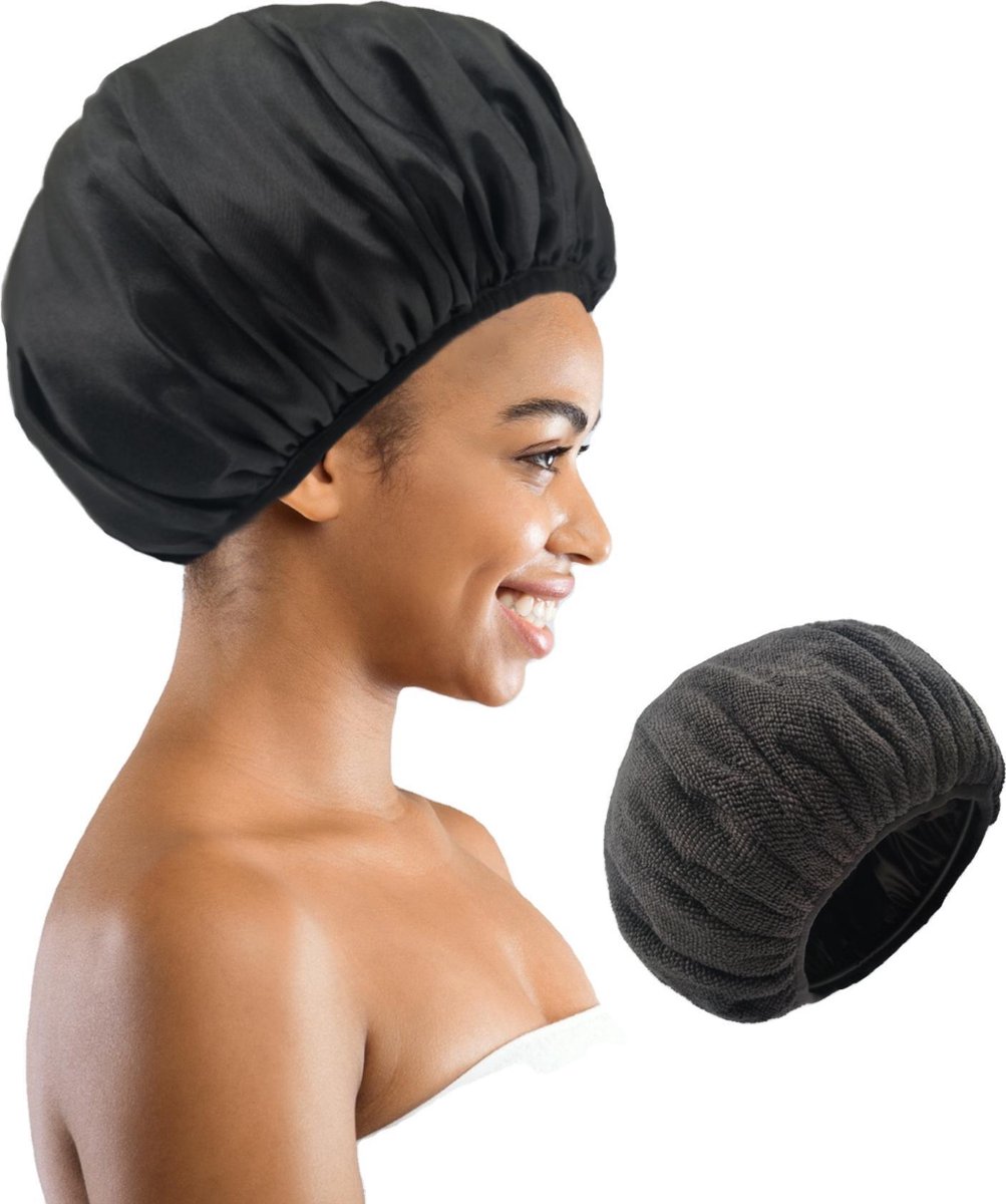 Afbeelding van 3 in 1 Douchemuts Dames - Haarhanddoek Microvezel, Slaapmuts Satijn en Douchemuts in 1 - Hoofdhanddoek