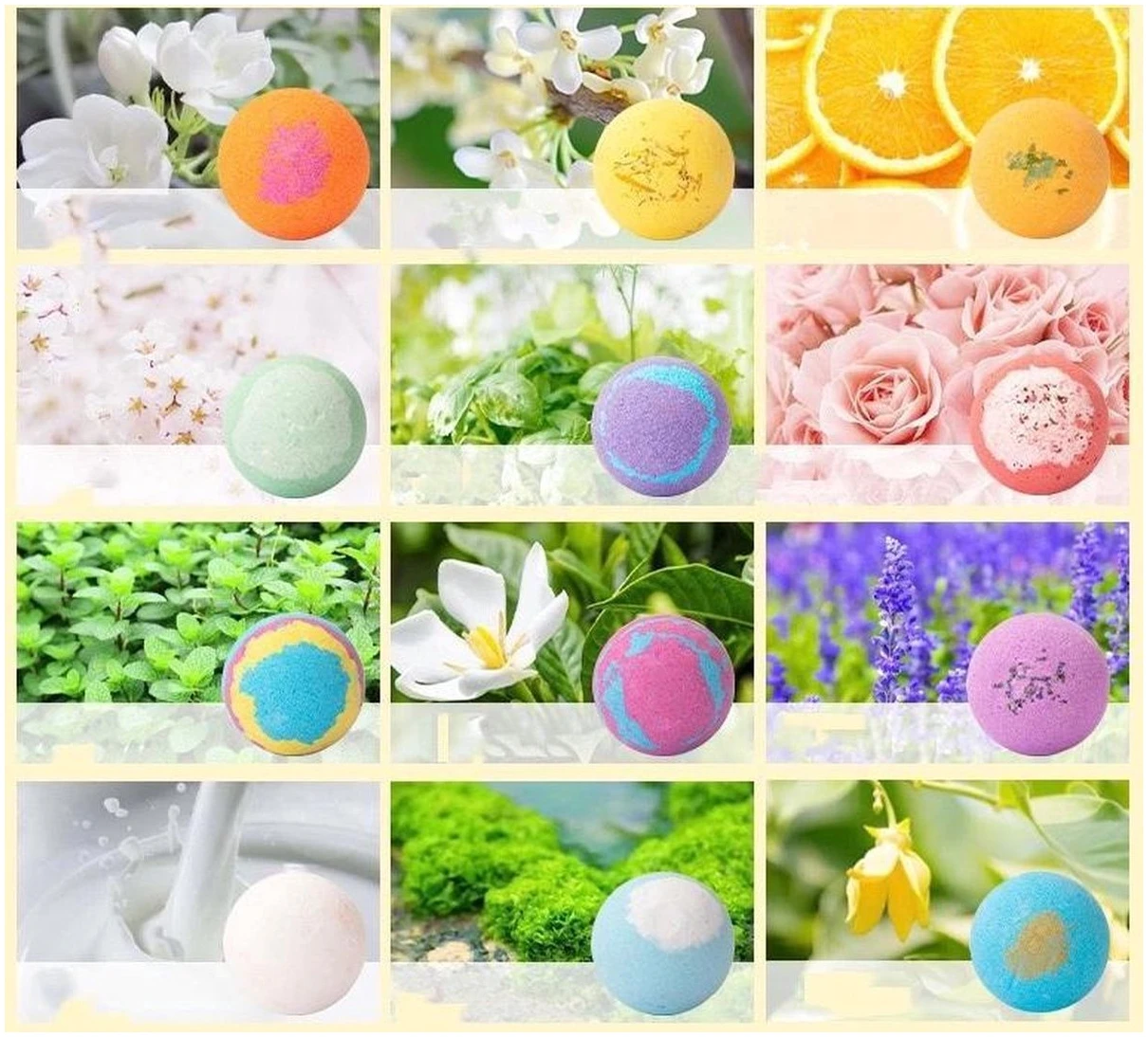 Afbeelding van Bath bombs 12 stuks - Bruisballen voor in Bad - 12 Etherische Aroma Bad bommen - Giftset - Cadeau - 60g per