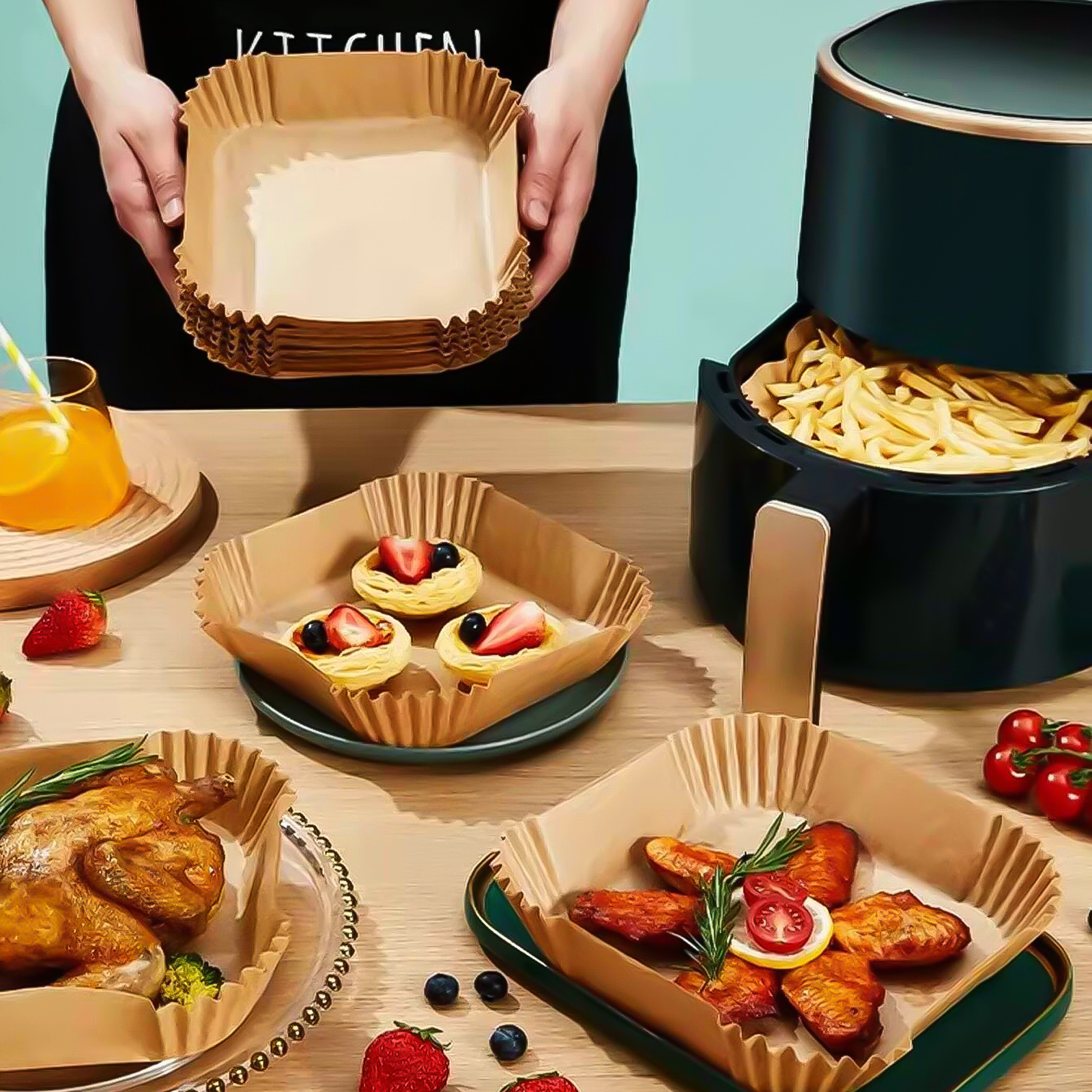 Afbeelding van Bewello Airfryer Bakpapier Vierkant - 20x20 cm - Air Fryer Bakpapier XXL - Airfryer Wegwerpbakjes - 50 stuks