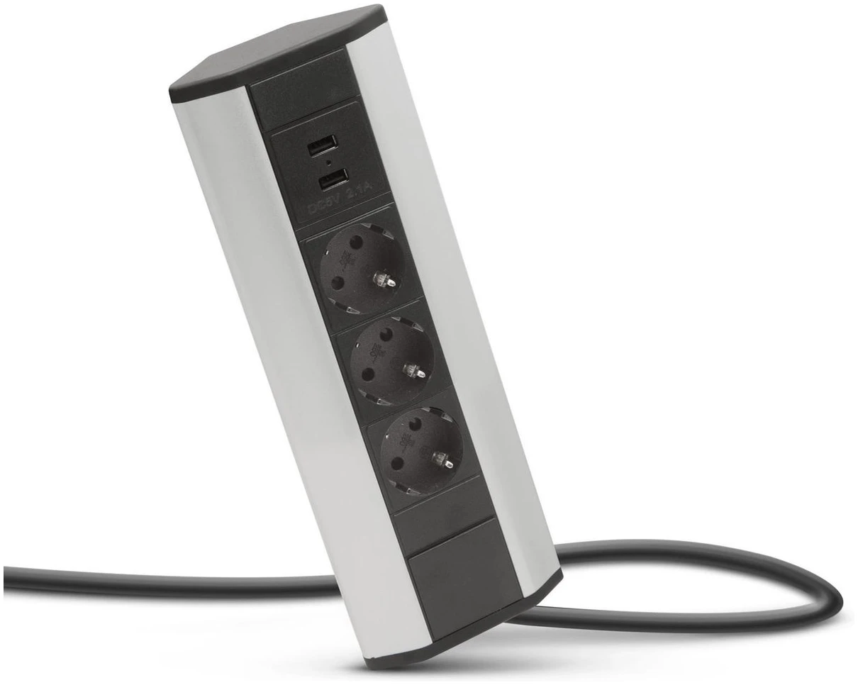 Afbeelding van DELIGHT - Inbouw Hoekstekkerdoos met 2X USB en 3 Stopcontacten - Hoek Stekkerdoos Zilver met Zwart - fb16