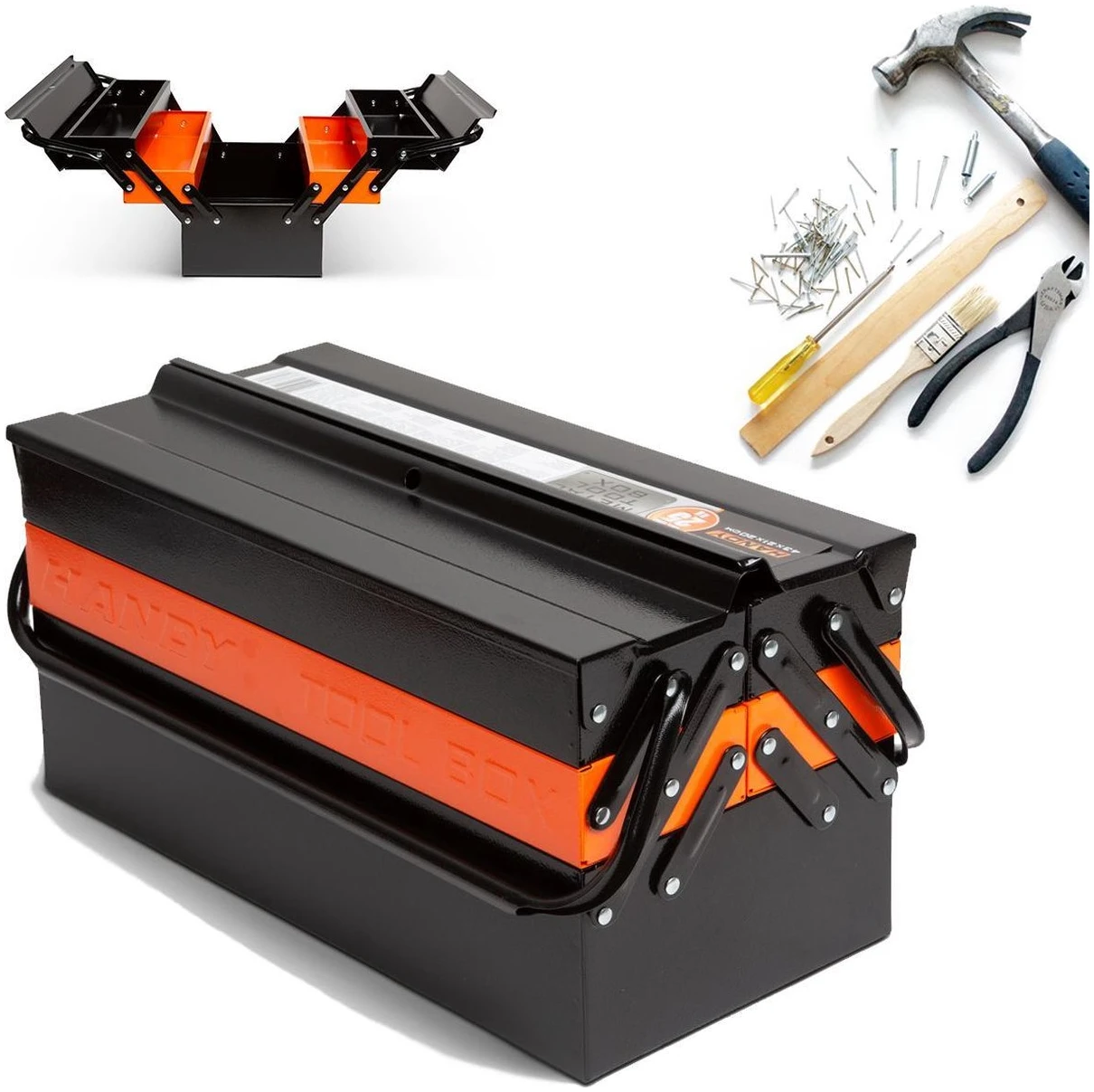 Afbeelding van Handy - Gereedschapskoffer Leeg / Gereedschapskist Metaal - Zwart/Oranje - 430 x 210 x 200 mm - Cadeau Mannen