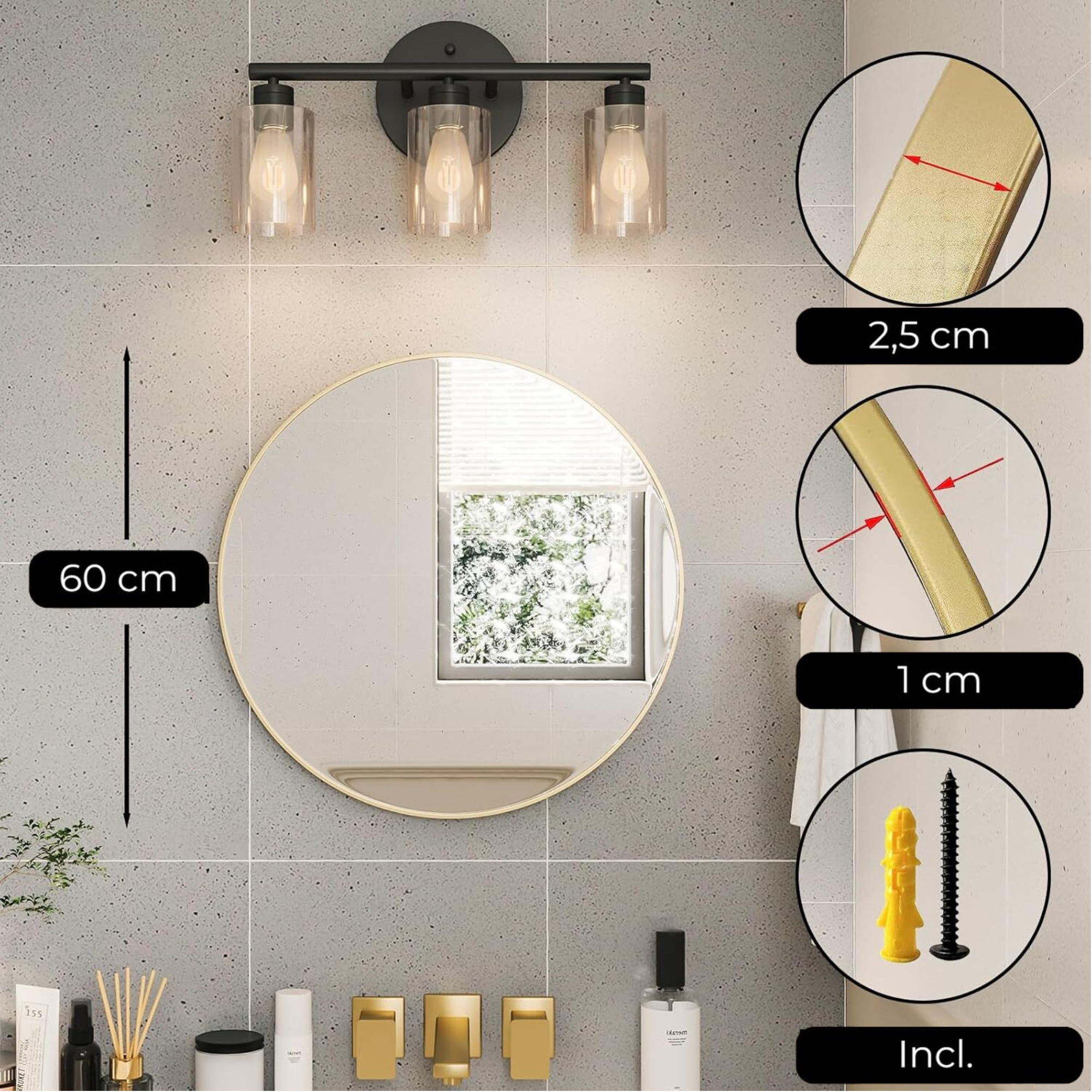 Afbeelding van HSXL - Spiegels - Ronde Spiegel Goud - 60 cm Groot - Grote Wandspiegel Rond - Industrieel / Modern Design -