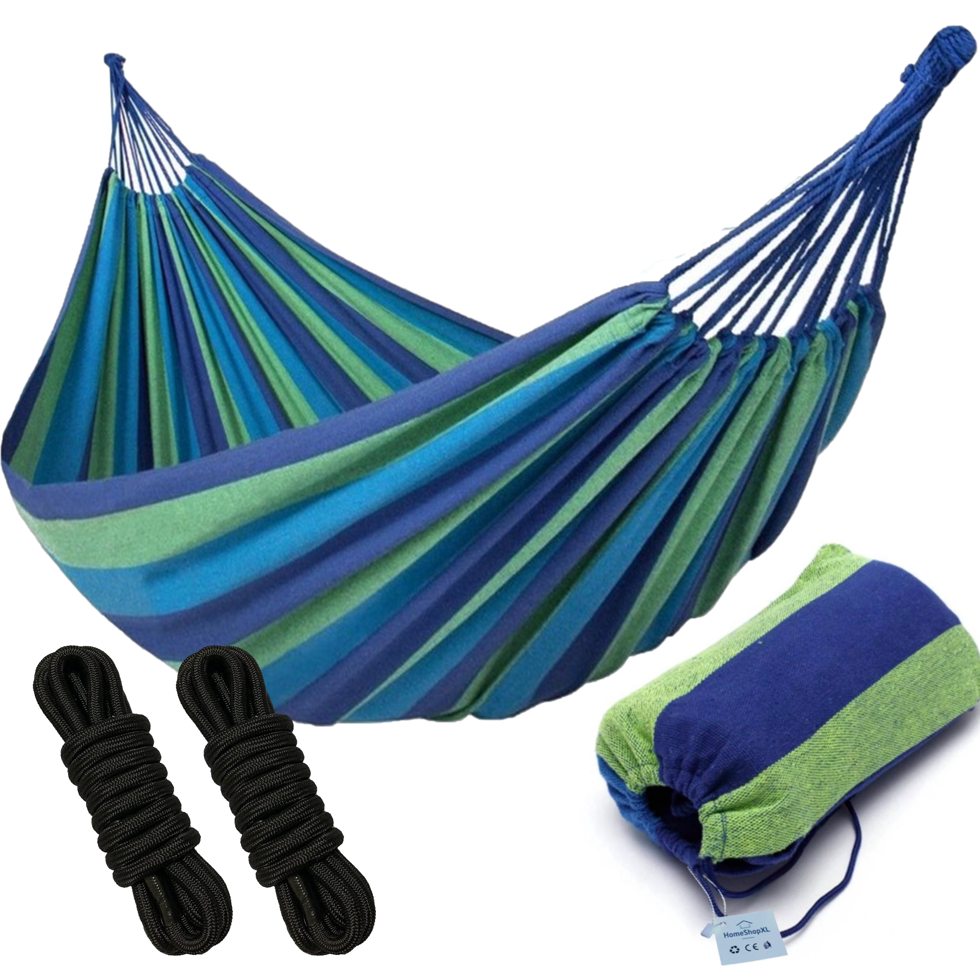 Afbeelding van HSXL Dubbele Hangmat Blauw met Touwen - 1 of 2 Persoons - Lig Oppervlak 190x150cm - Lengte 260cm - ffa3 c05a