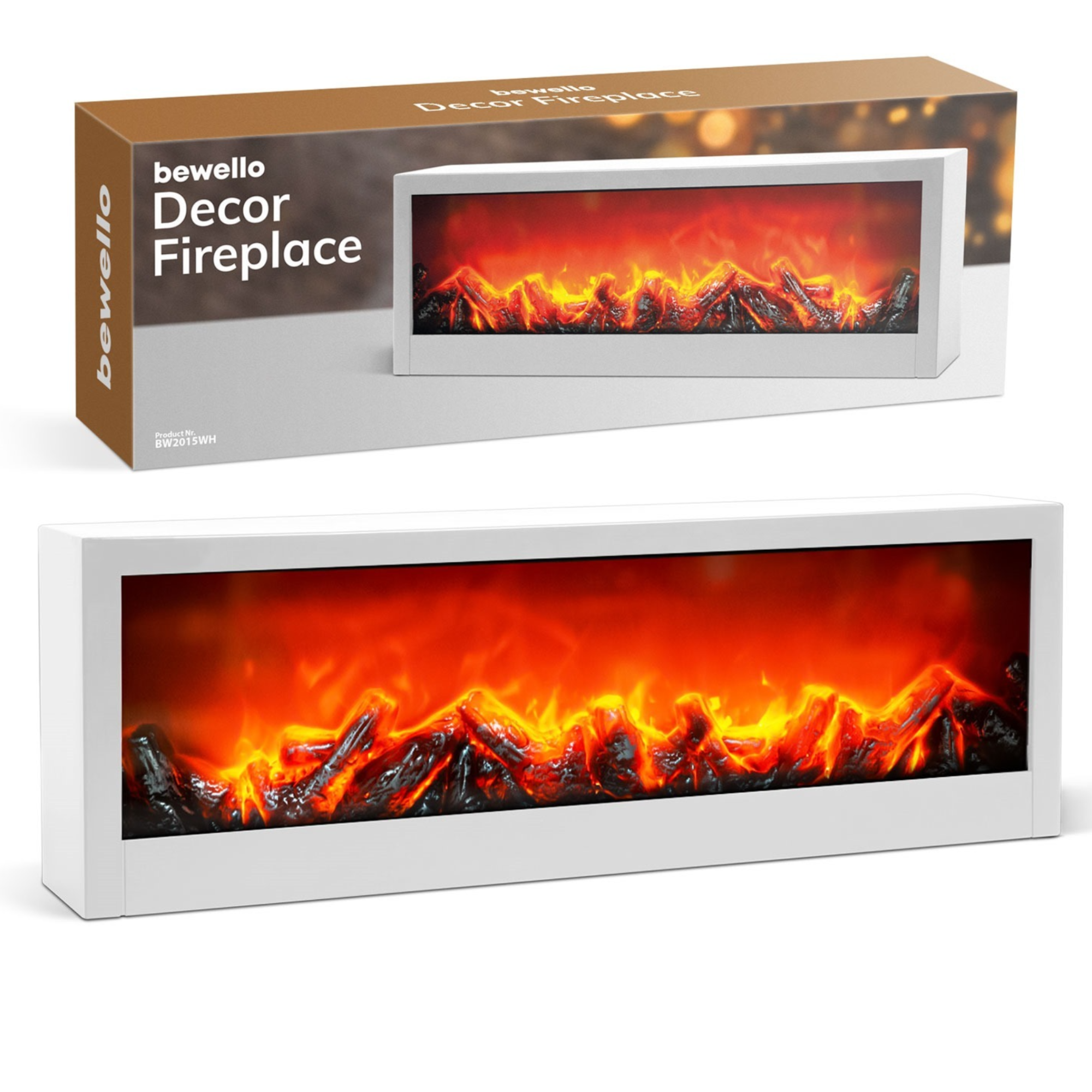 Afbeelding van Bewello - Mobiele Elektrische Sfeerhaard voor op een schouw of tafel - WIT - Open Haard met LED-vlameffect -