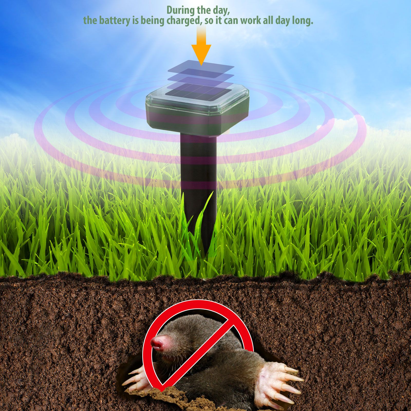 Afbeelding van Solar ongedierteverjager met paal - ultrasonisch, milieuvriendelijk - voor mollen, muizen en woelratten -