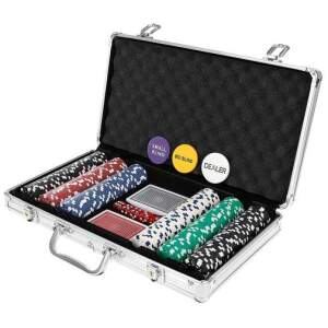 Afbeelding van Poker Set in Aluminium Koffer - 300 Chips, 2 Kaartspellen, Dobbelstenen - Inclusief Sleutel & Dealer Chip