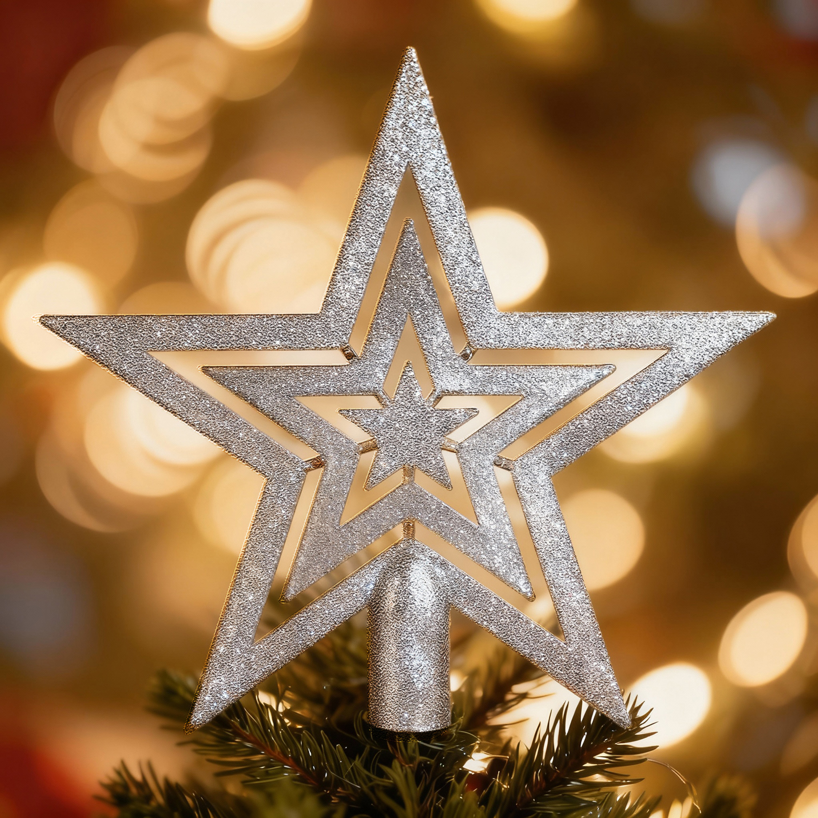 Afbeelding van Kerstballen Set Met Kerstboom Piek – Zilverkleurige Kerstversiering – Mix Van Glanzend Mat En Glitter –