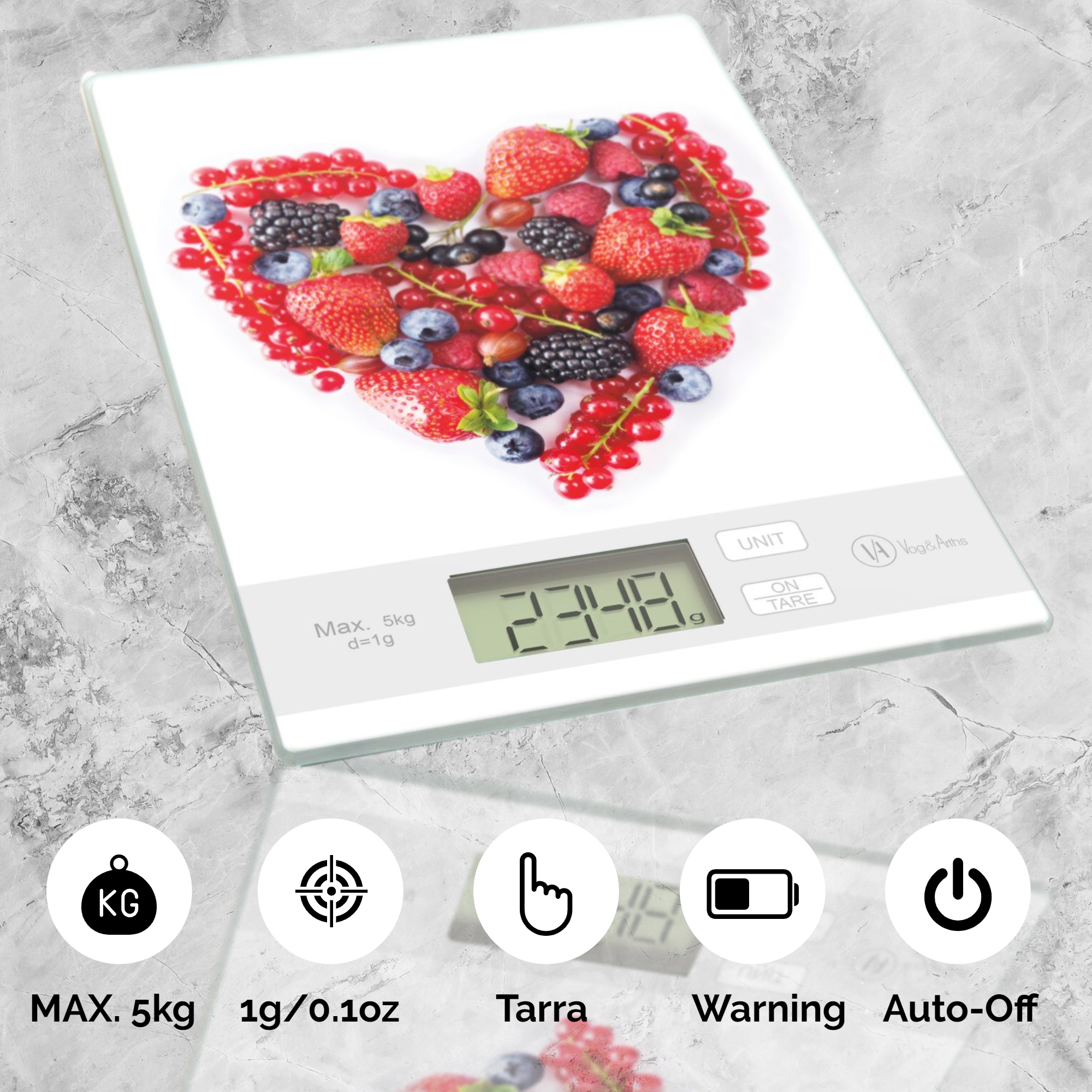 Afbeelding van Vog&Arths - Digitale Precisie Keukenweegschaal – Weegschaal Keuken - 1gr -5kg -Tarra Functie - Wit -