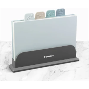 Afbeelding van Bewello - 4-delige Snijplankenset met Houder in Grijs, Beige, Blauw en Groen - Snijplank Kunststof - 106d