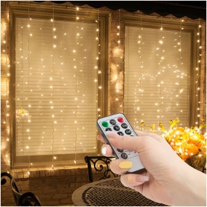 Afbeelding van Lichtgordijn - 100 warmwitte LED's - 3 x 1 m - 230V - met afstandsbediening 1 Stuks [58906A] - 14bf 6859