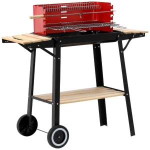 Afbeelding van Houtskool barbecue met wielen - tuin BBQ grill zwart/rood - compacte metalen houtskoolgrill 93x42x84 cm - met