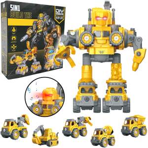 Afbeelding van N'JOY Life - Robot speelgoed - Geel 5 in 1 - Robots - Politie - Brandweerauto - Bouwpakket -