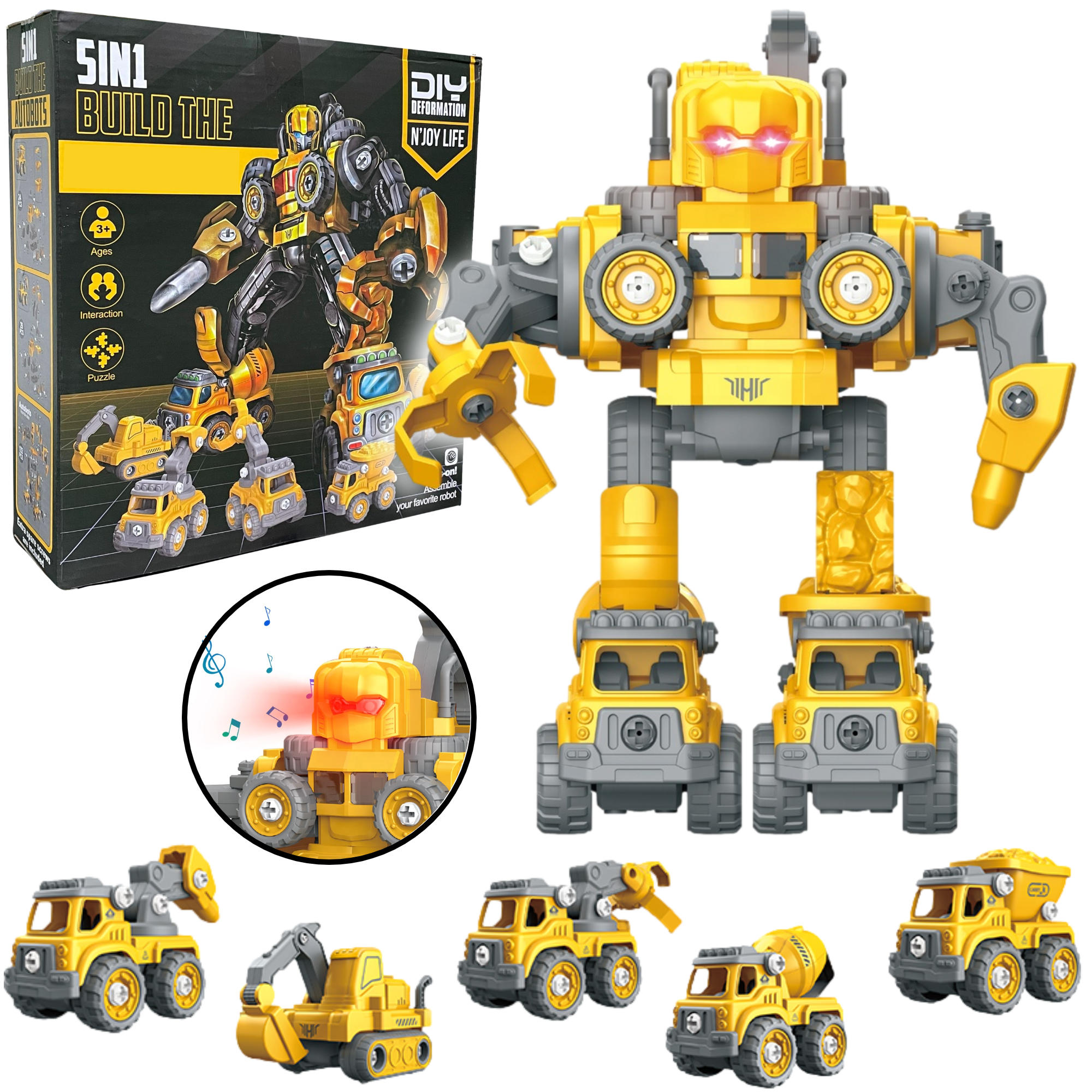 Afbeelding van N'JOY Life - Robot speelgoed - Geel 5 in 1 - Robots - Politie - Brandweerauto - Bouwpakket -