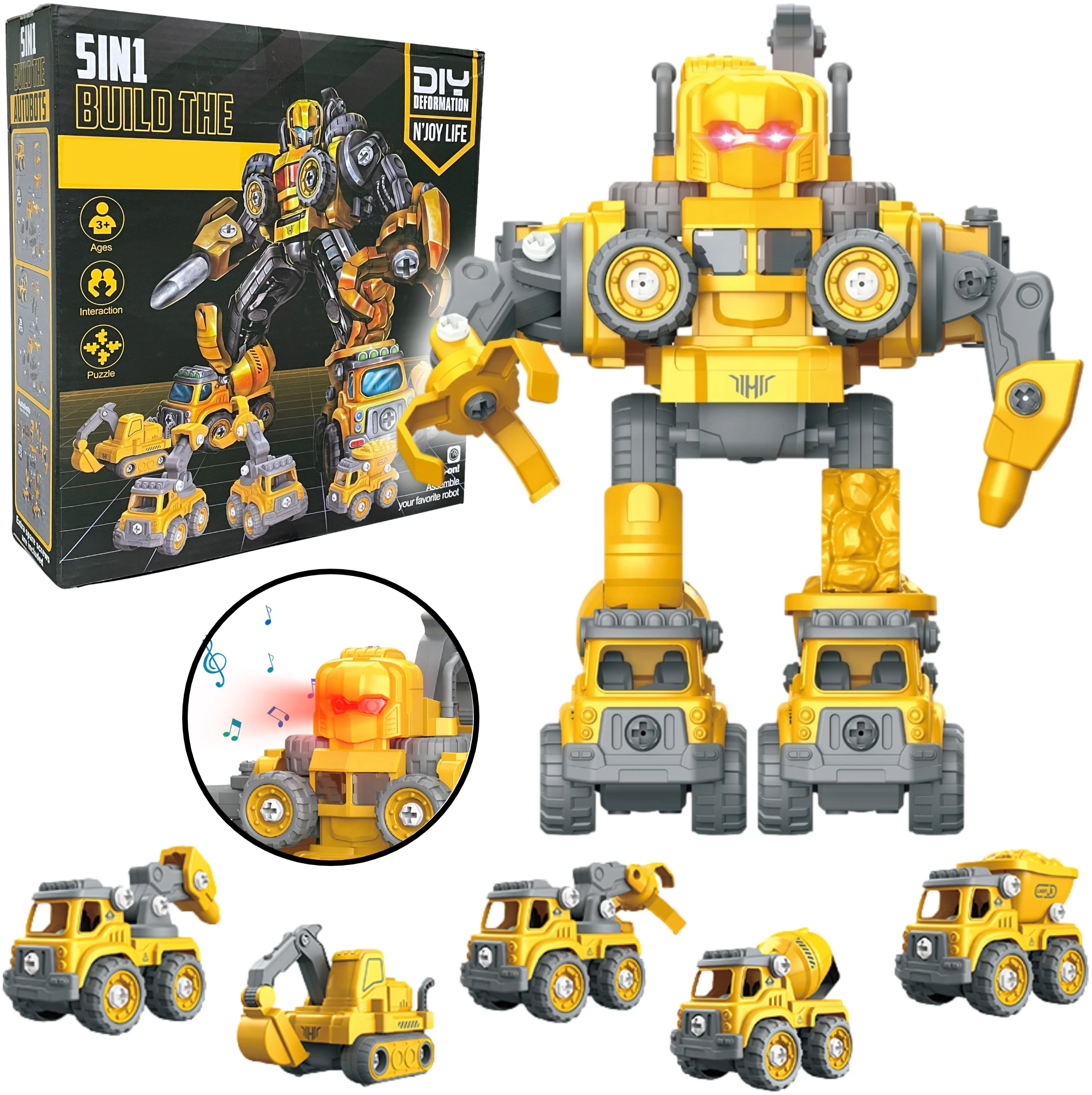 Afbeelding van N'JOY Life - Robot speelgoed - Geel 5 in 1 - Robots - Politie - Brandweerauto - Bouwpakket -