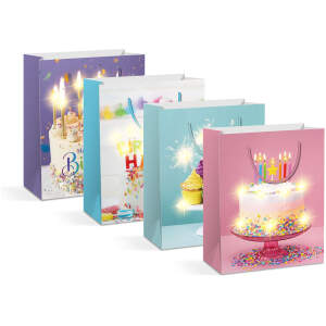 Afbeelding van Cadeauzakje - 10 warmwitte LED's, papier - 265 x 127 x 330 mm - 4 soorten / verpakking - 12 stuks /