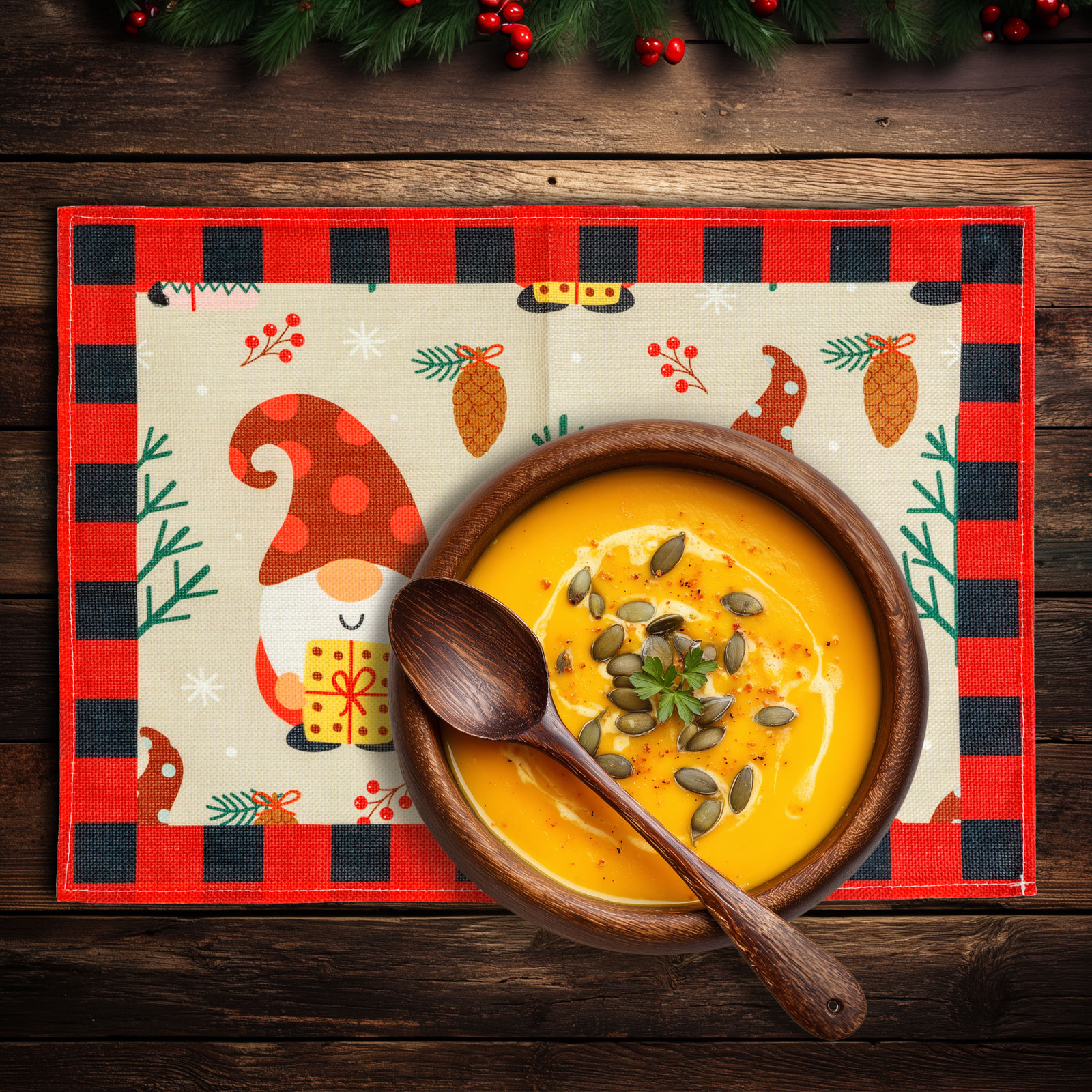 Afbeelding van Kerst placemat kerstgnome – Rechthoekige tafelmat 46 x 32 cm – Scandinavisch design in rood en zwart –