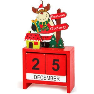 Afbeelding van Houten kerst kalender – MDF bureaukalender 13,5 x 7 x 3,5 cm – Kerstman, rendier of sneeuwpop design
