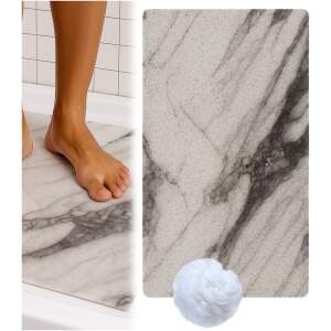 Afbeelding van HSXL - Antislipmat - 70x40CM - Incl. Netspons - Antislip Douchemat Wit Marmerlook – Anti Slip Douche Cabine