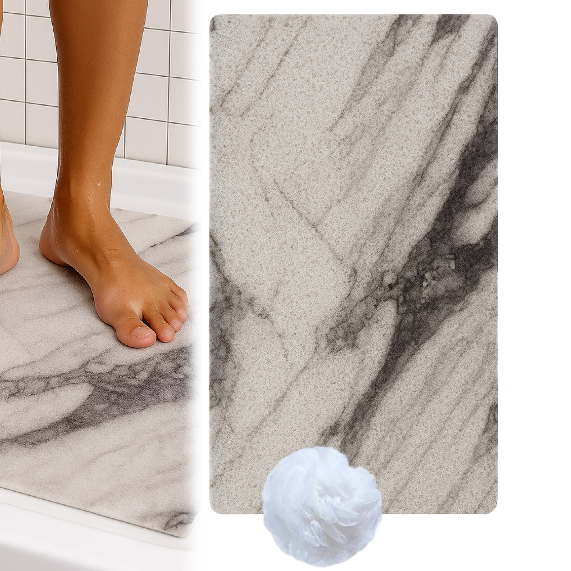 Afbeelding van HSXL - Antislipmat - 70x40CM - Incl. Netspons - Antislip Douchemat Wit Marmerlook – Anti Slip Douche Cabine