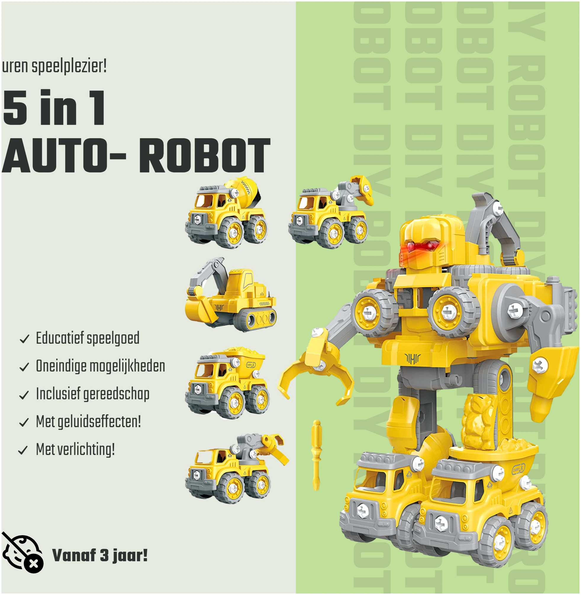 Afbeelding van N'JOY Life - Robot speelgoed - Geel 5 in 1 - Robots - Politie - Brandweerauto - Bouwpakket -