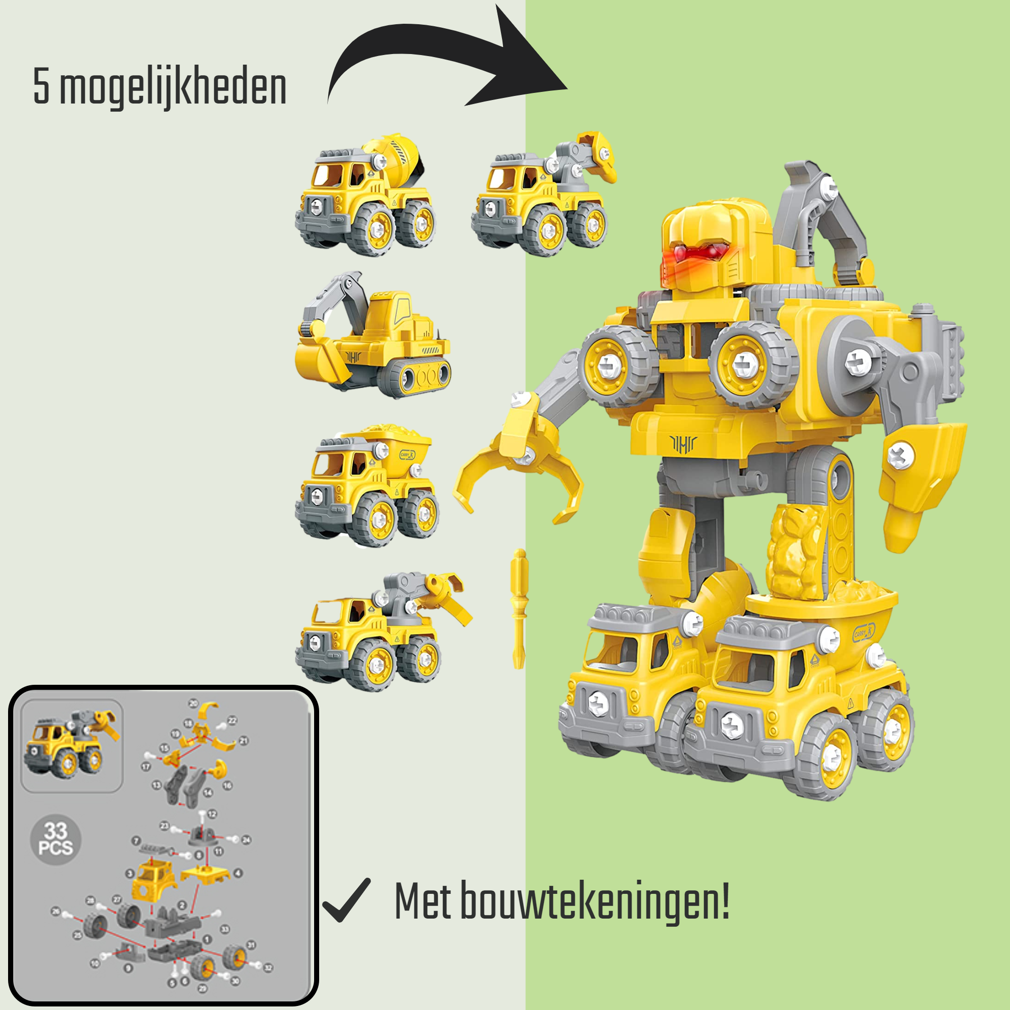 Afbeelding van N'JOY Life - Robot speelgoed - Geel 5 in 1 - Robots - Politie - Brandweerauto - Bouwpakket -