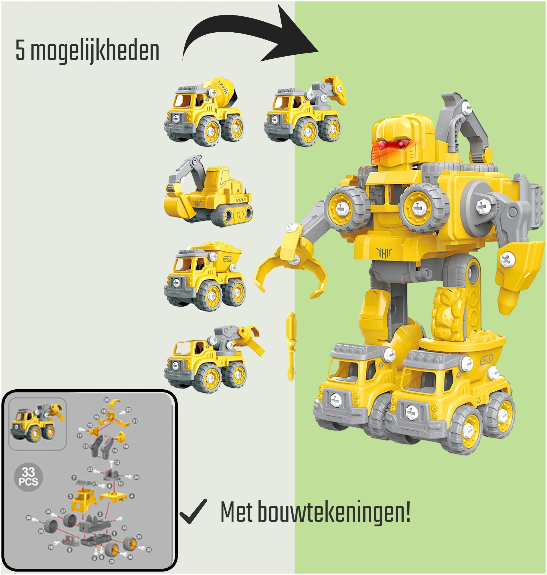 Afbeelding van N'JOY Life - Robot speelgoed - Geel 5 in 1 - Robots - Politie - Brandweerauto - Bouwpakket -