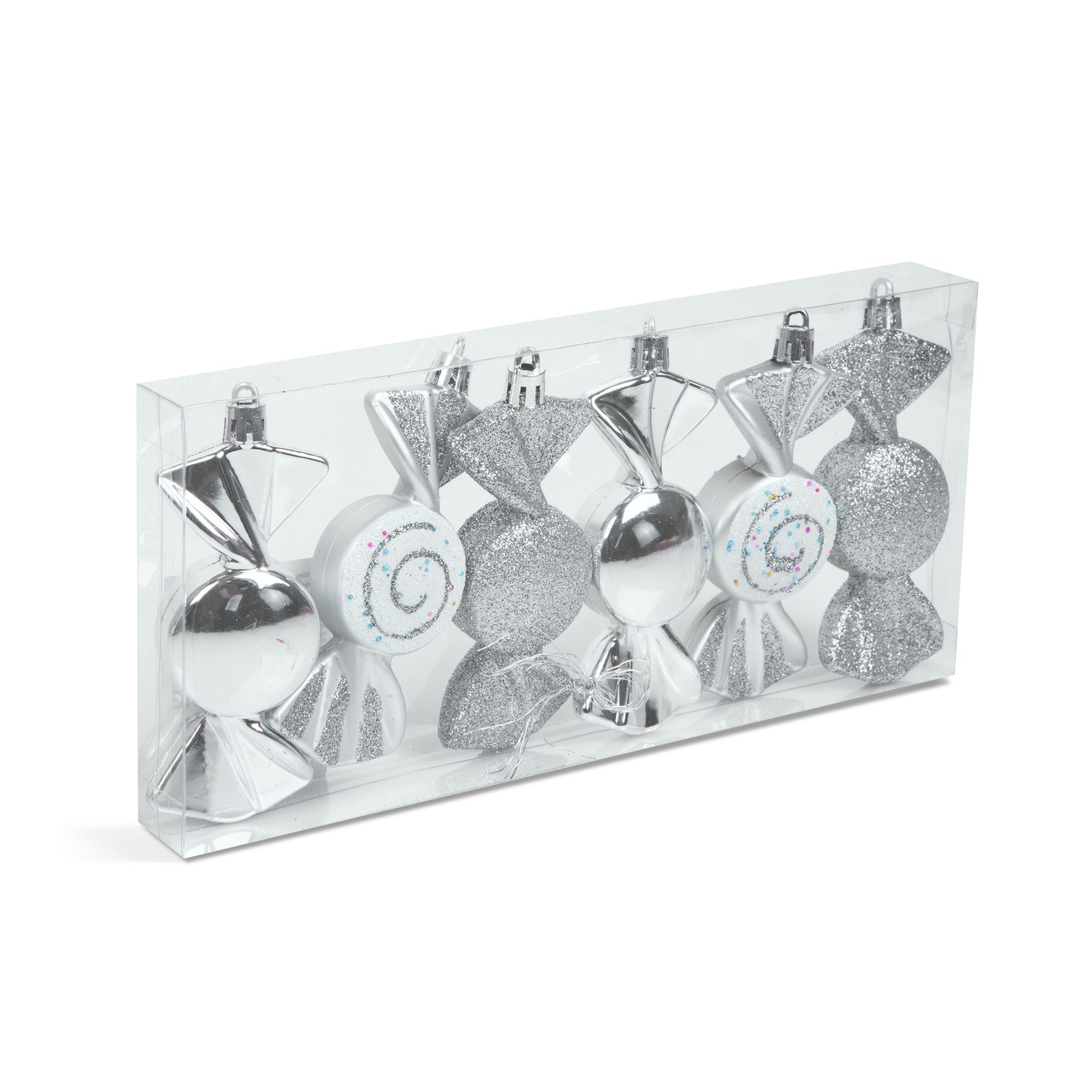 Afbeelding van Kerstdecoratieset - 6 zilveren snoepornamenten (10 x 3,6 cm) - mat, glanzend & glitter - kunststof