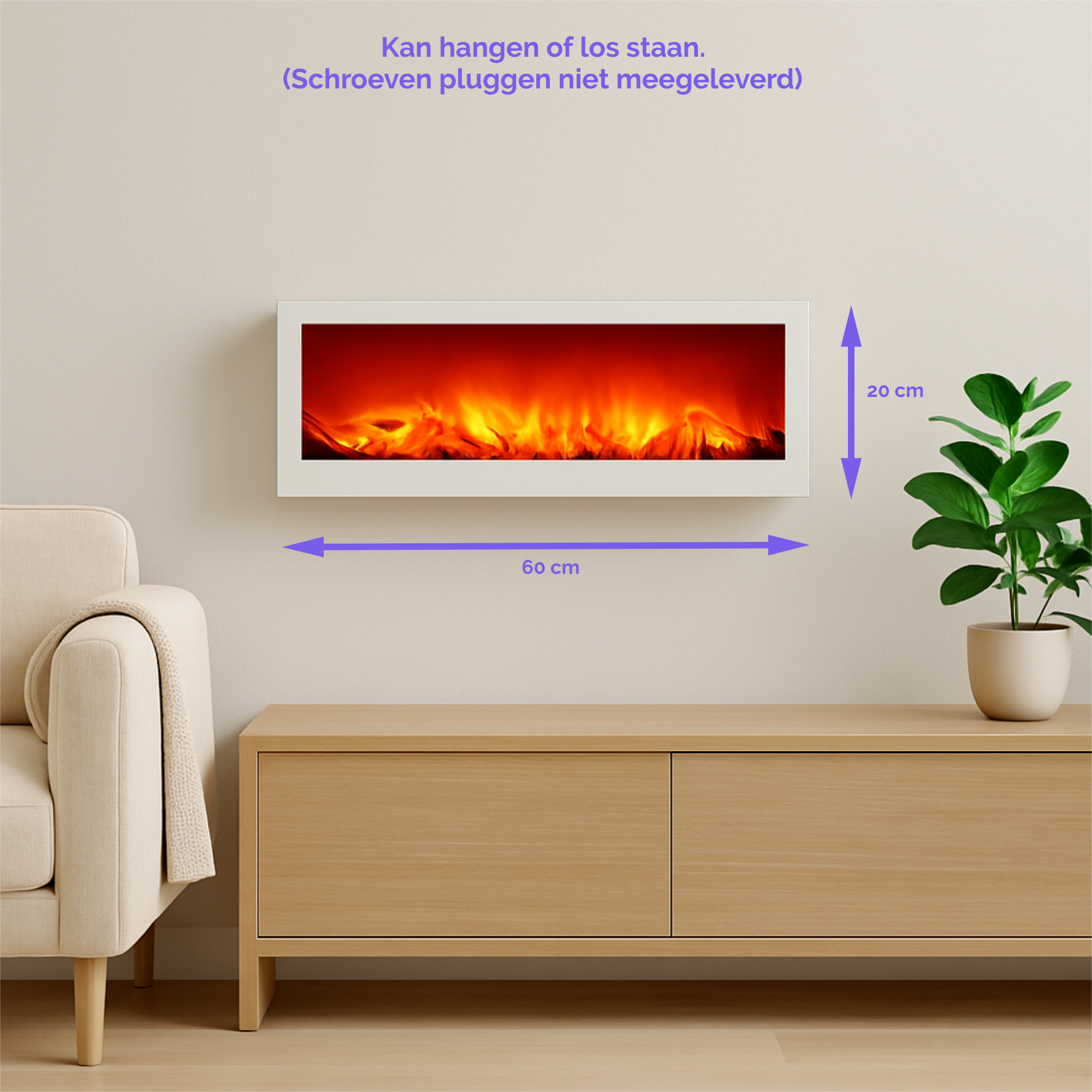 Afbeelding van Bewello - Mobiele Elektrische Sfeerhaard voor op een schouw of tafel - WIT - Open Haard met LED-vlameffect -