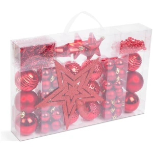 Afbeelding van Kerstdecoratieset - Rood - 66-delig - Ø3/6 cm - 60 kerstballen (mat, glanzend), 3 sterren, 1 piek, 1 m