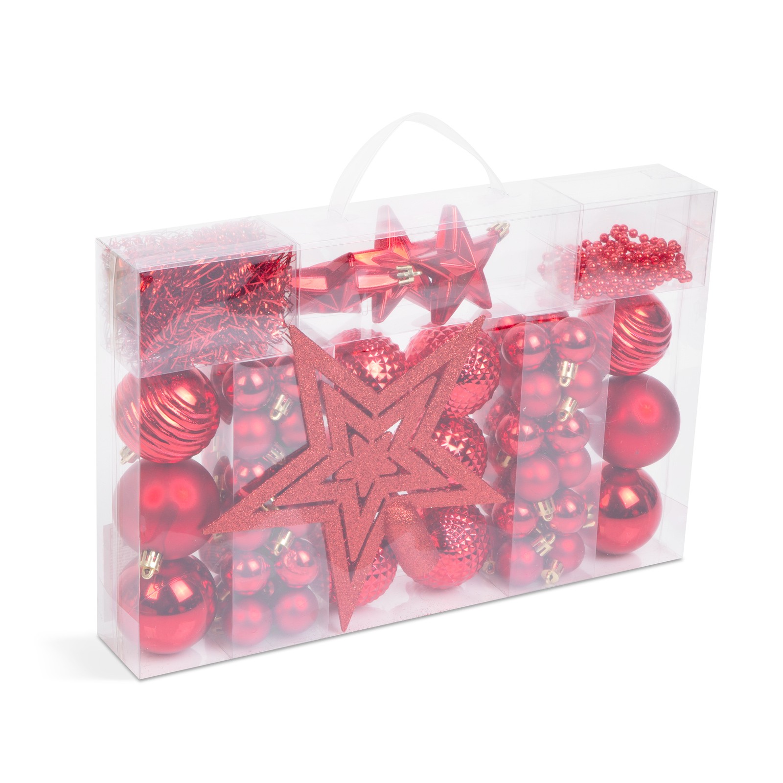 Afbeelding van Kerstdecoratieset - Rood - 66-delig - Ø3/6 cm - 60 kerstballen (mat, glanzend), 3 sterren, 1 piek, 1 m