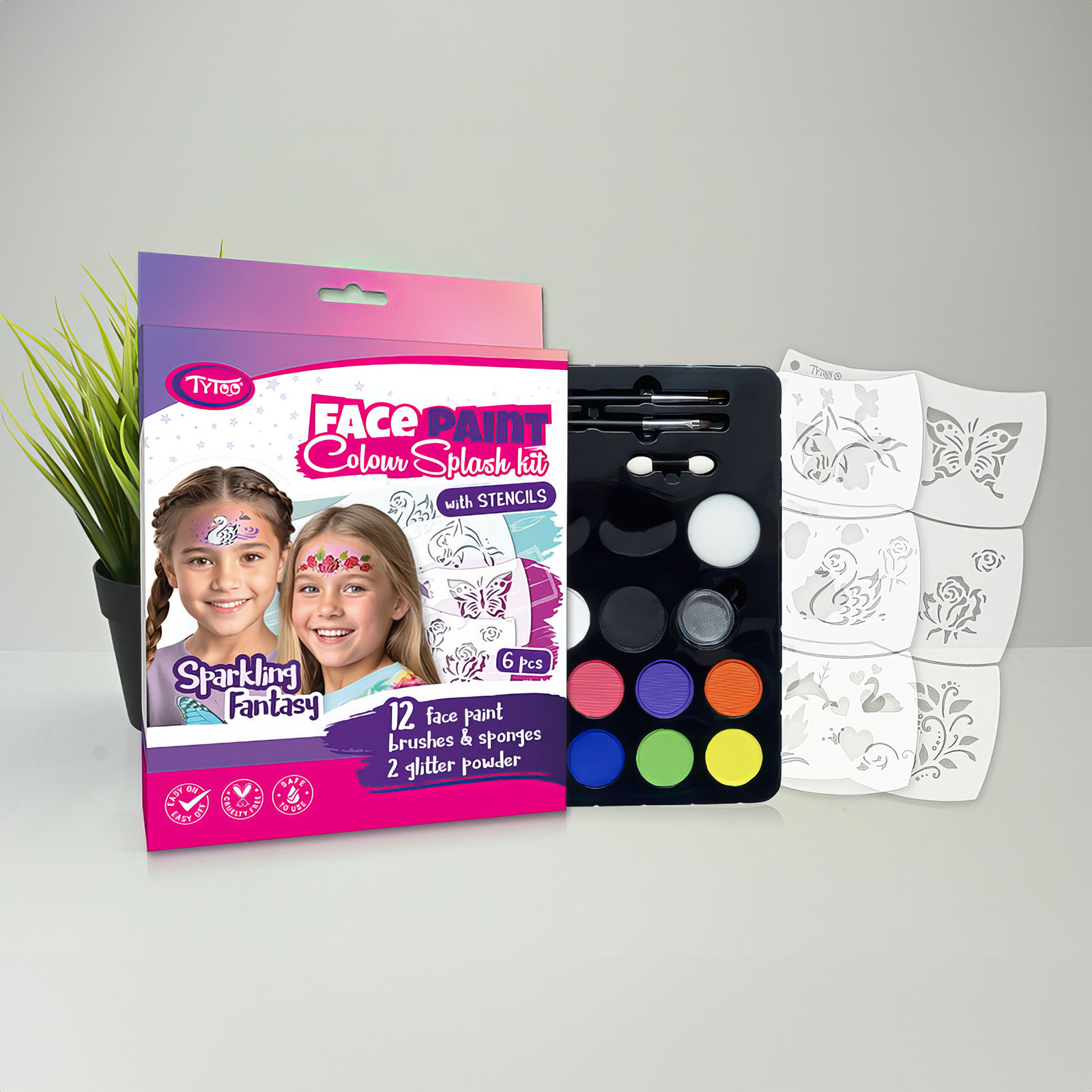 Afbeelding van Sprankelend Fantasy Schminkset - 12 Kleuren, 6 Sjablonen, Glitters & Accessoires - Veilig en Creatief