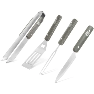Afbeelding van BBQ set 4 stuks met houten handvat in tas tong vork spatel mes bieropener roestvrij staal [56304C] - 78fa